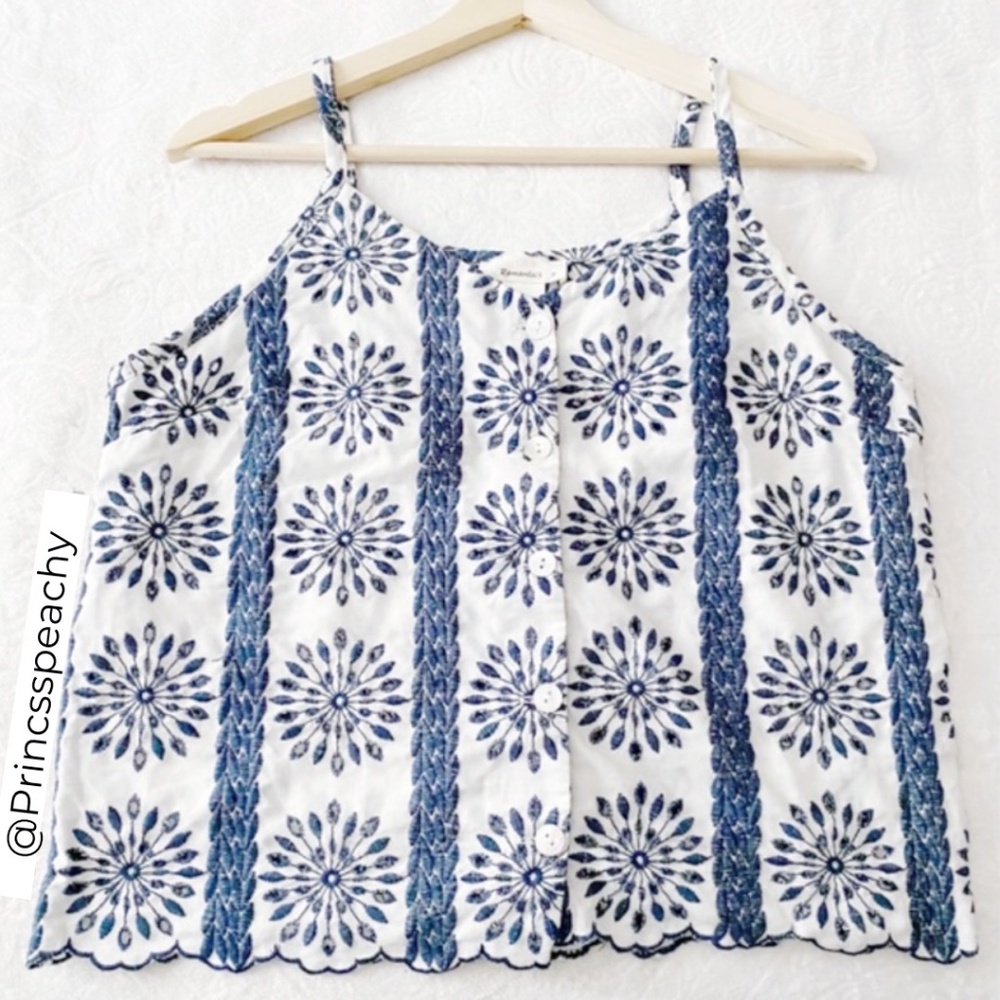 White & Blue Embroidered Button Down Camisole